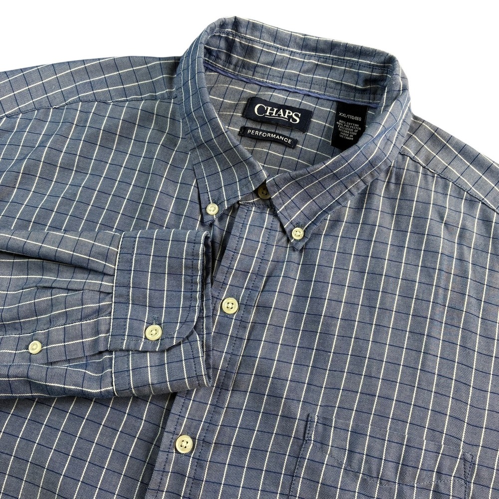 Chaps Performance Button Up Shirt Men's 2XL Long Sleeve Blue‎ White Plaid Casual